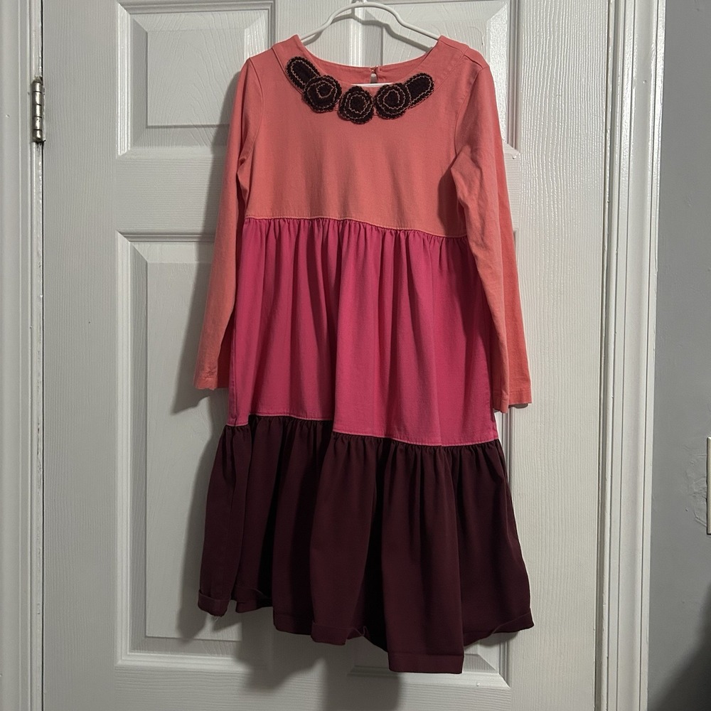 Hanna Andersson Girls Colorblock Tiered Rosette Neck Dress (Size 130 / US 8)